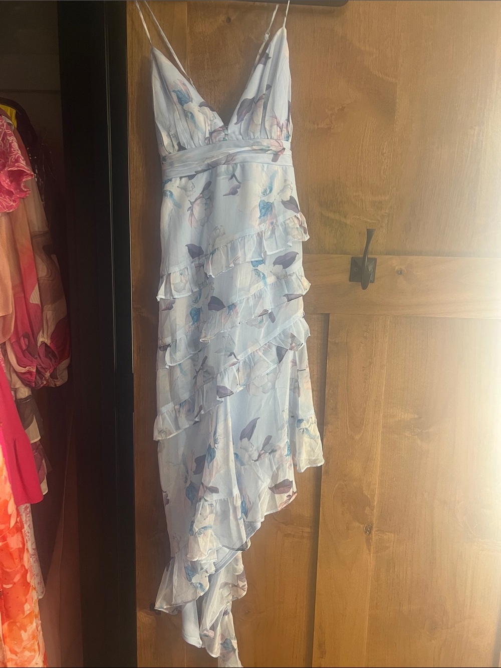 Lulu's Light Blue Floral Ruffled Asymmetric Slip Dress